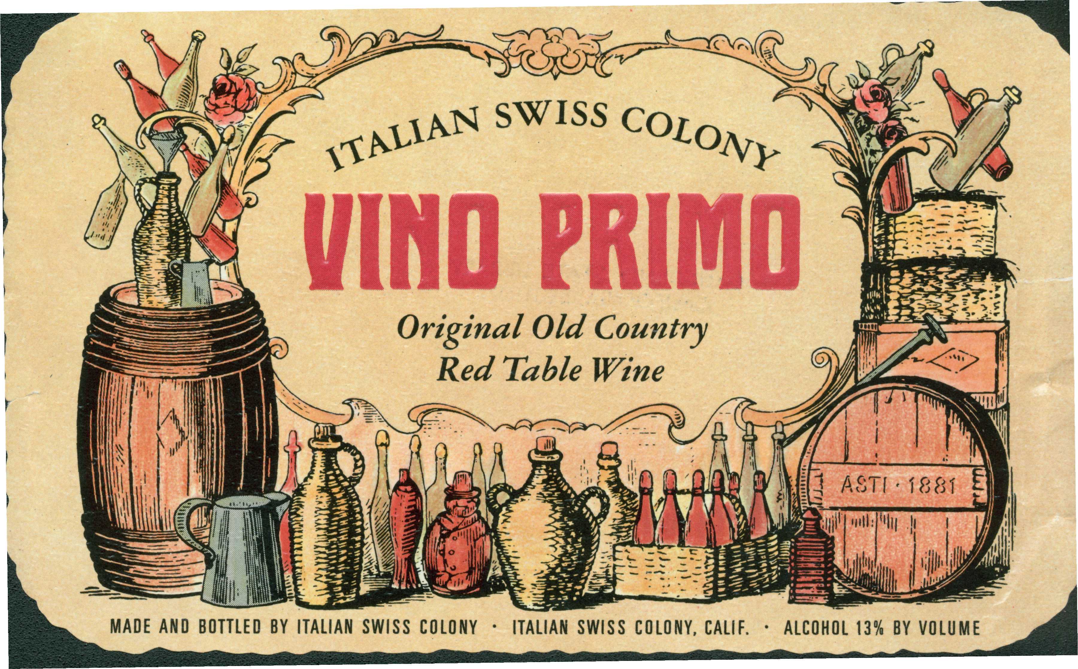 Color illustration of bottles and barrels.  Text, 'Made and bottled by Italian Swiss Colony.'